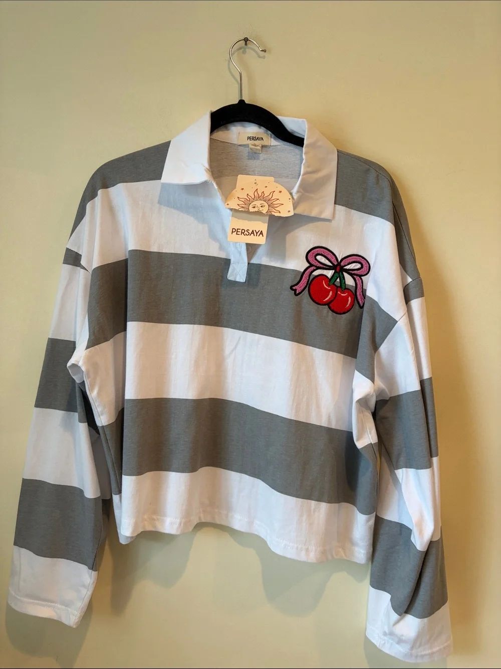 Persaya Gray and White Striped Rugby Top with Cherry Patch